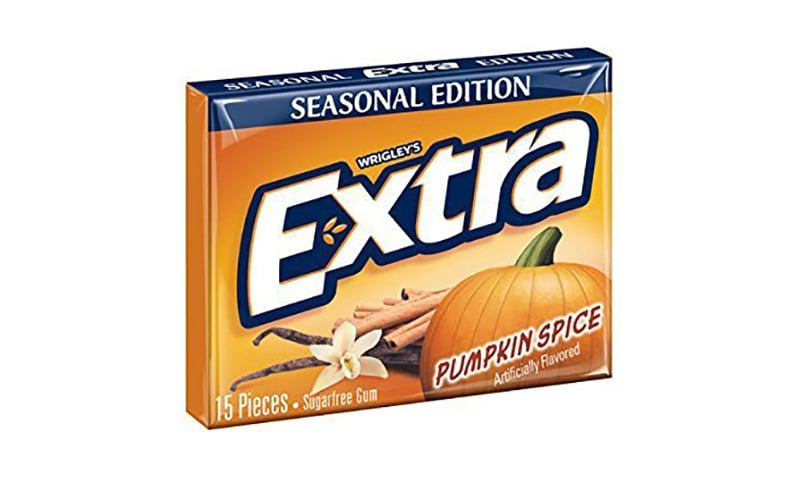 A pack of Wrigley’s Extra gum, seasonal edition, pumpkin spice flavor. The orange box features a pumpkin, spices, and a vanilla flower, and contains 15 pieces of sugar-free, artificially flavored gum.