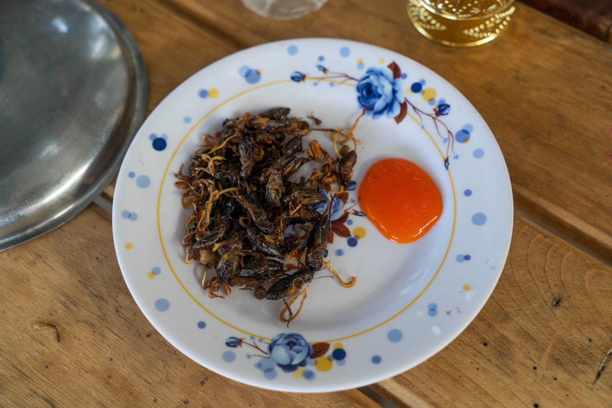 A white plate with blue floral design holds a serving of fried insects and a dollop of orange dipping sauce, placed on a wooden table—an example of the amazing food people ate while on vacation.