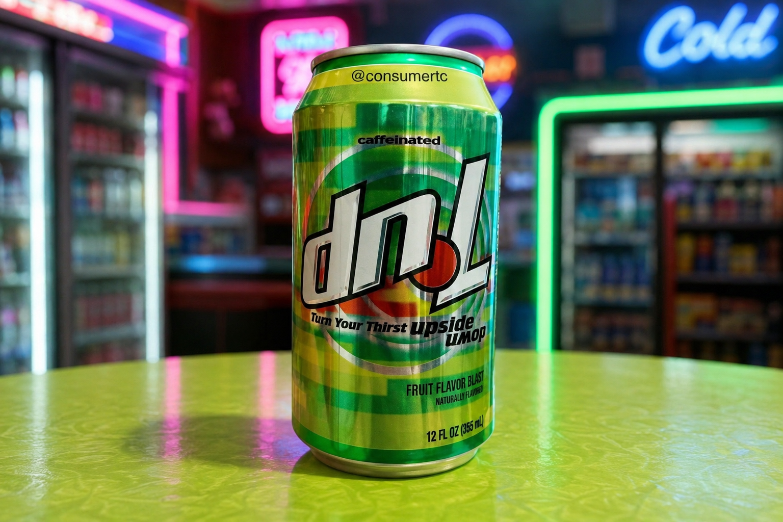 A green can of dnL soda, one of the tastiest Soda Pops, sits on a yellow table in a brightly lit convenience store with colorful neon signs and refrigerators in the background.