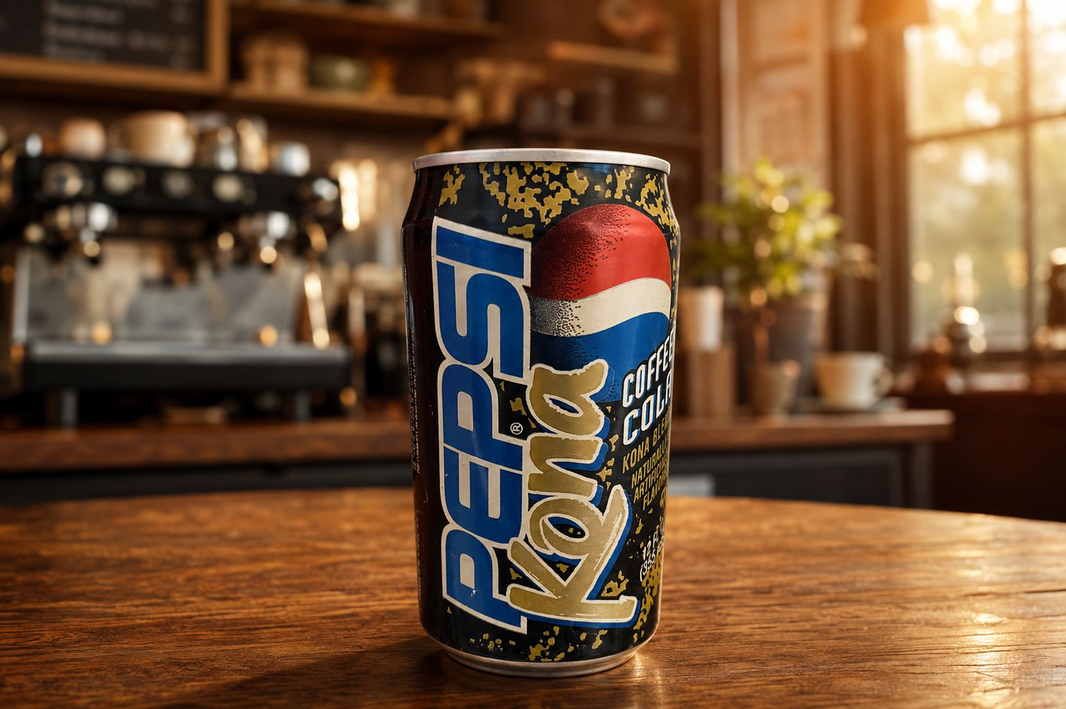 A can of Pepsi Kona coffee cola, one of the boldest Soda Pops, sits on a wooden table in a cozy café with warm lighting and blurred coffee equipment in the background.
