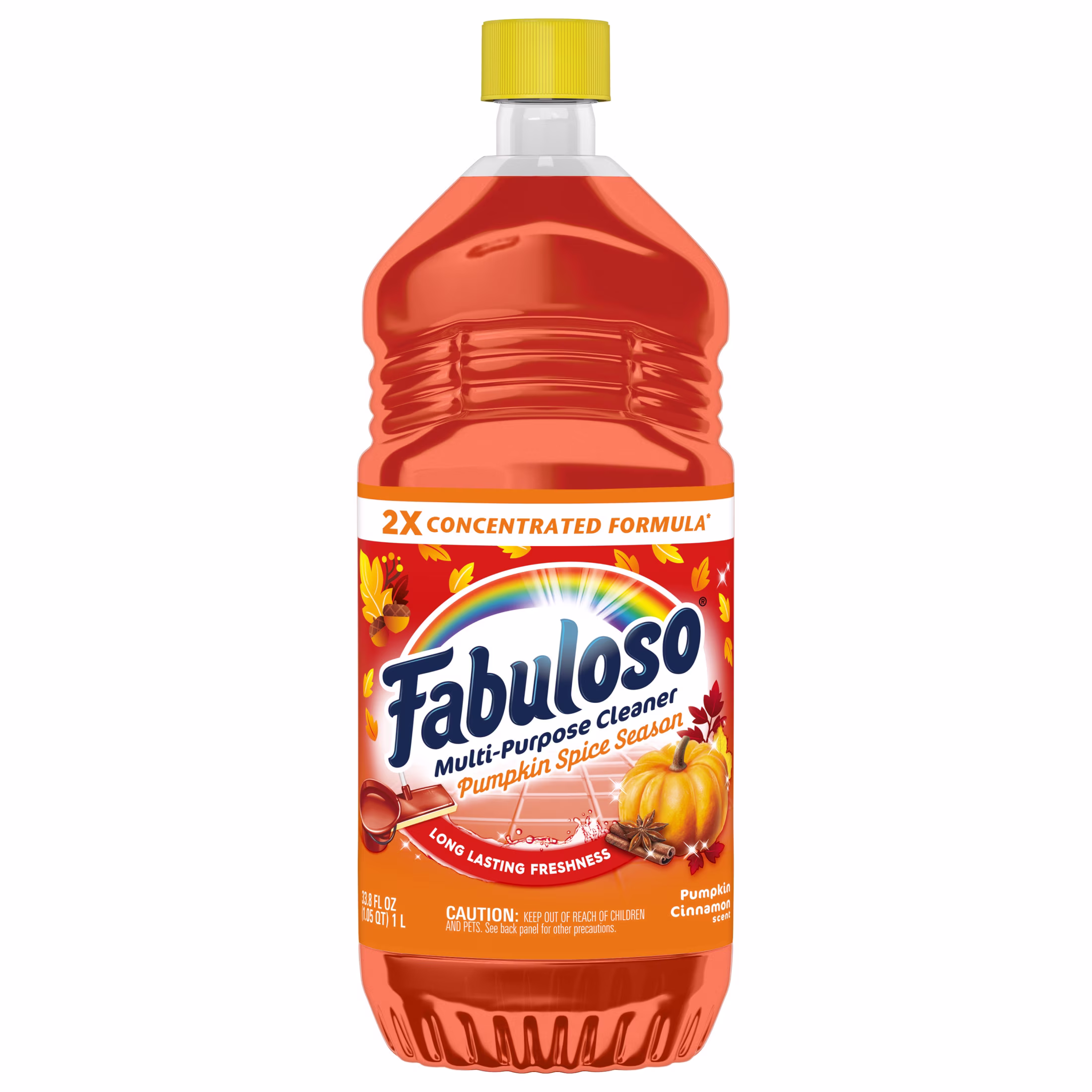 A bottle of Fabuloso multi-purpose cleaner, pumpkin spice scent, with orange liquid inside, autumn leaves, pumpkins, and cinnamon sticks on the label.