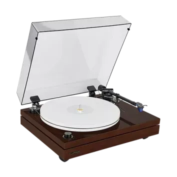 A brown turntable with a transparent dust cover open and a white vinyl record on the platter, shown on a plain white background.
