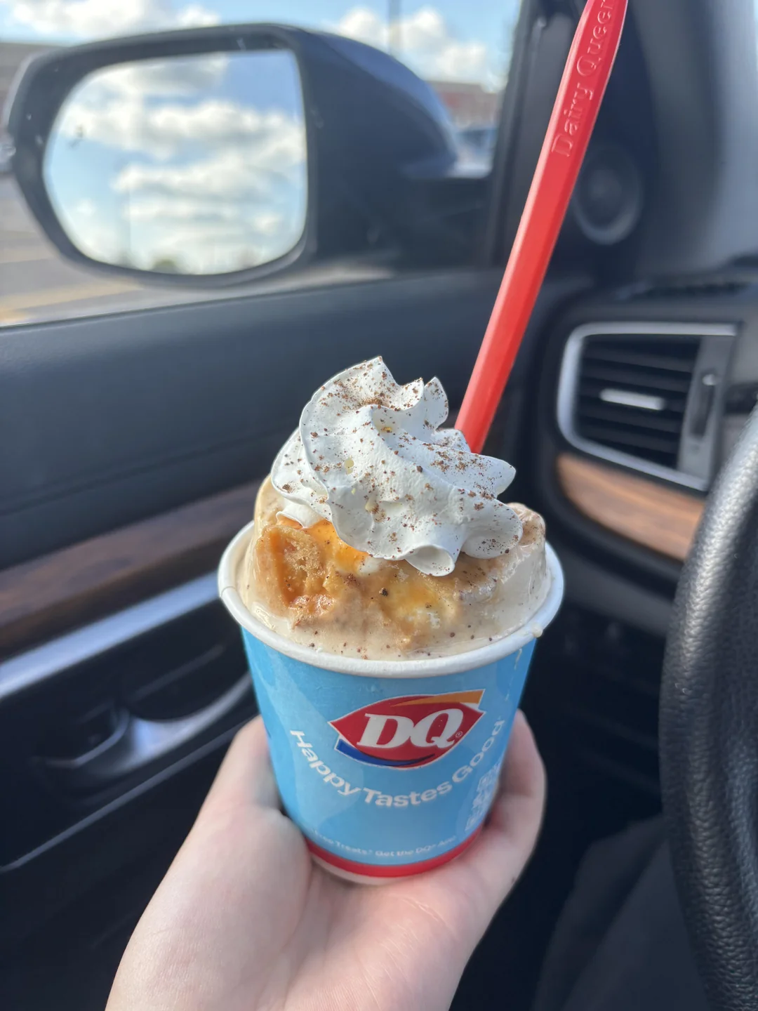 A hand holds a Dairy Queen Blizzard topped with whipped cream and cinnamon in a car. A red spoon sticks out, and the background shows a car door and a parking lot under a blue sky.
