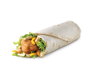 A tortilla wrap filled with crispy fried chicken, lettuce, yellow bell peppers, and sliced mushrooms on a white background.