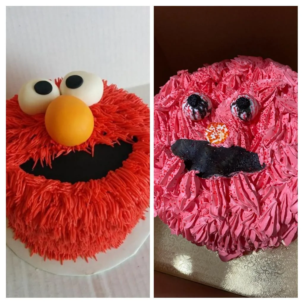 Side-by-side comparison of two cakes: the left is a well-made Elmo cake with realistic fur, eyes, and nose; the right is a poorly decorated attempt with uneven frosting and distorted facial features.