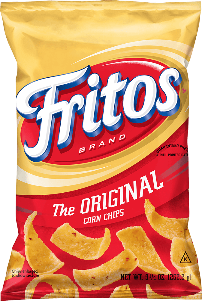 A bag of Fritos The Original Corn Chips, with yellow and red packaging, white and blue text, and an image of the corn chips at the bottom. Net weight: 9¼ oz (262.2 g).
