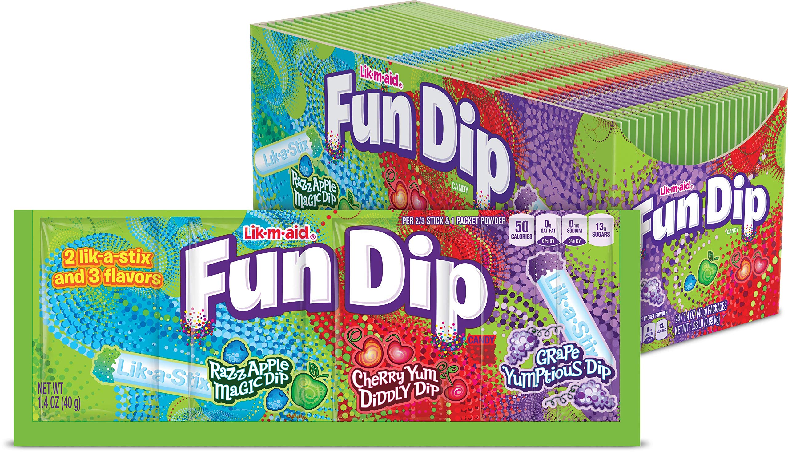 A Fun Dip candy box and a single package showing three flavors: RazzApple Magic Dip, Cherry Yum Diddly Dip, and Grape Yumptious Dip, with colorful, dotted backgrounds and two dipping sticks.