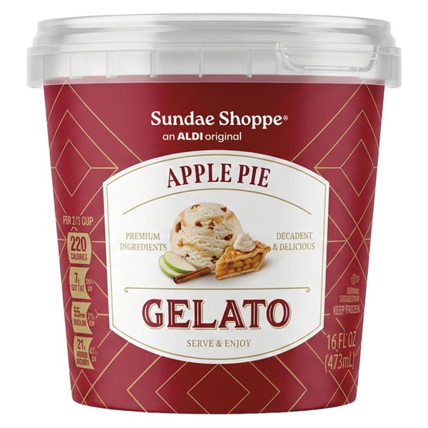 A red pint container of Sundae Shoppe Apple Pie Gelato, featuring an image of gelato with apple pie slices. The label highlights “Premium Ingredients” and “Decadent & Delicious.”