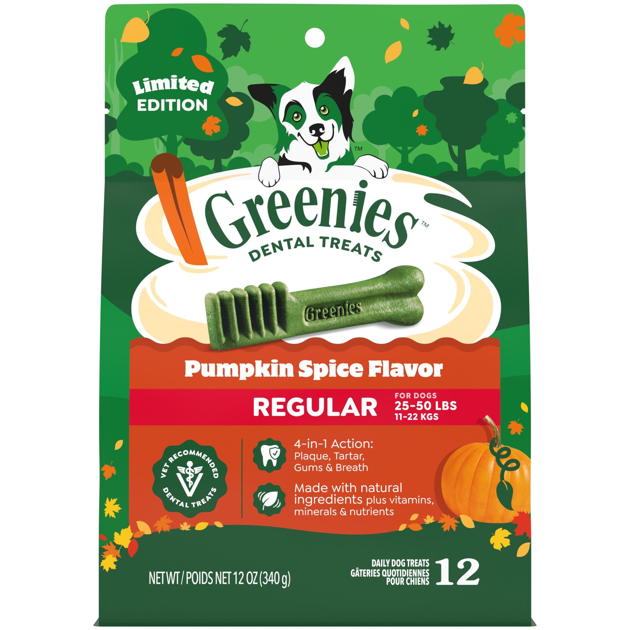 Bag of Greenies Dental Treats, Pumpkin Spice Flavor, for dogs 25-50 lbs. Package is orange and green, features a cartoon dog and pumpkins, and highlights health benefits. Contains 12 treats, limited edition.