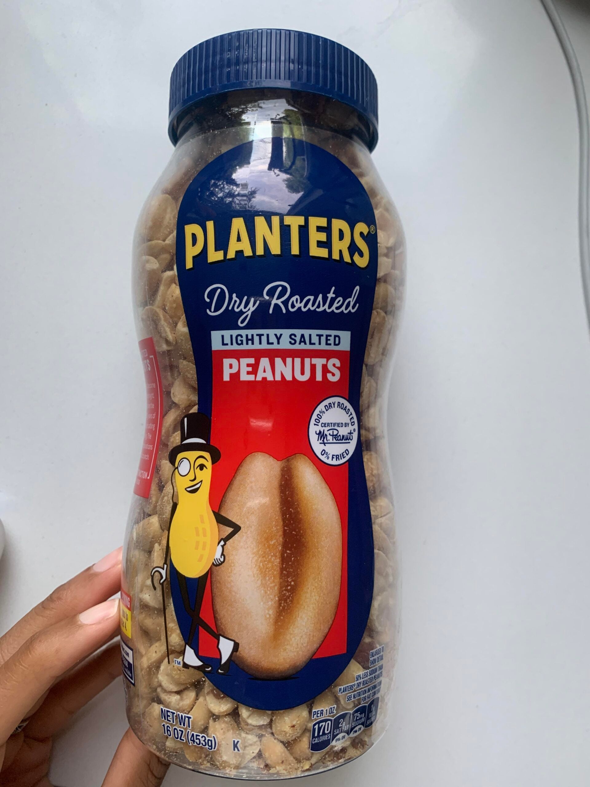 A hand holds a 15 oz plastic jar of Planters Dry Roasted Lightly Salted Peanuts with a blue lid and a peanut cartoon mascot on the label.