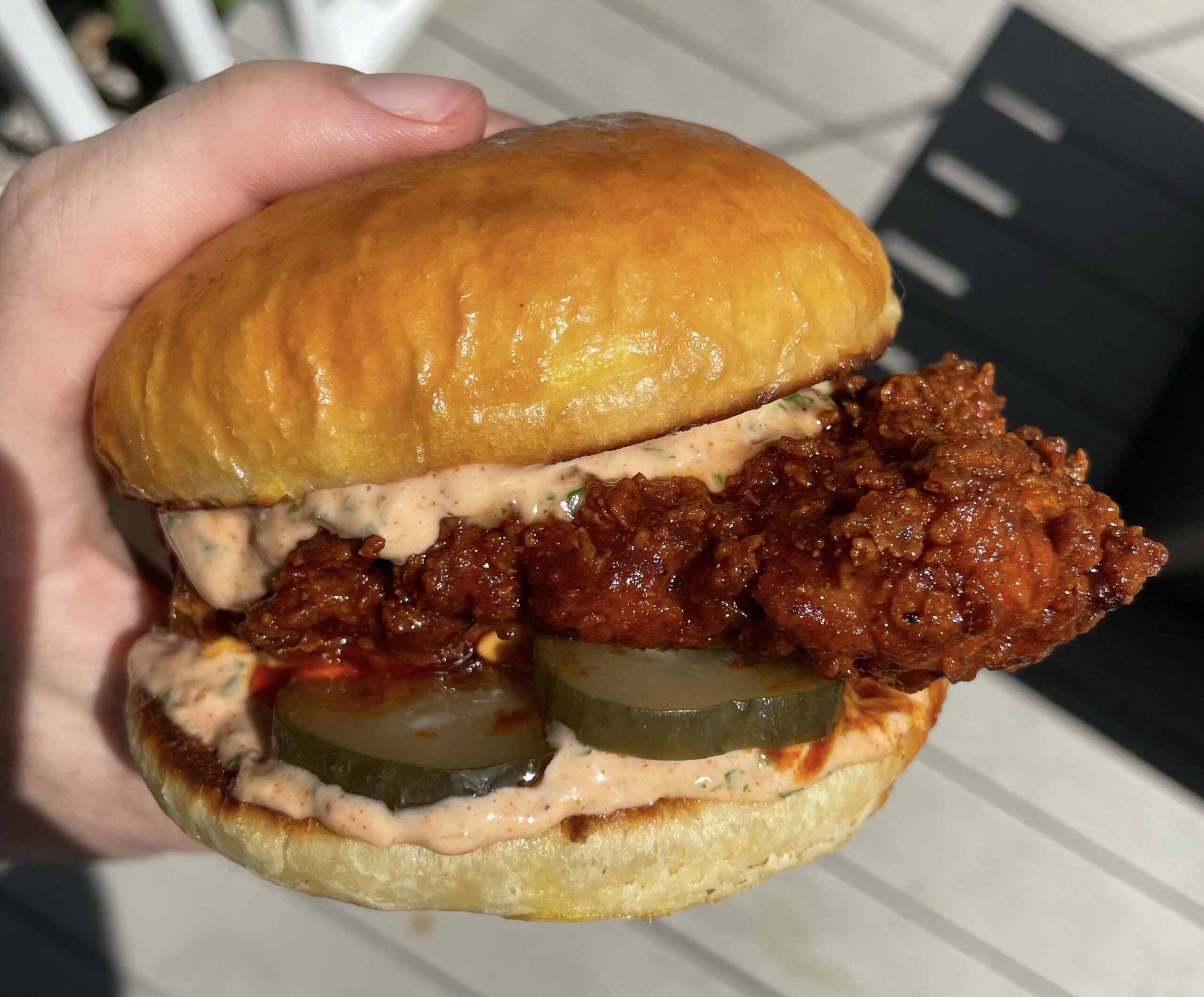 A hand holds a fried chicken sandwich with pickles and creamy sauce on a shiny brioche bun, outdoors in sunlight.
