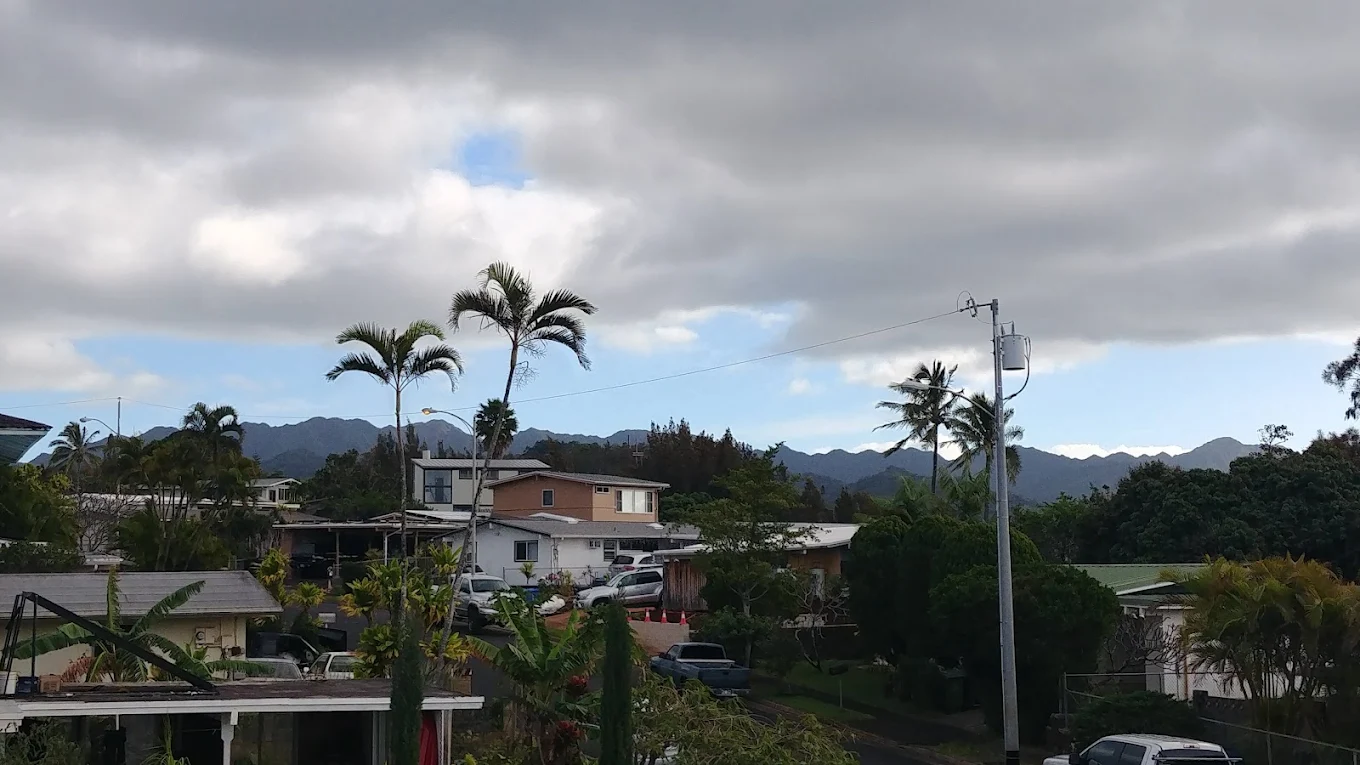 A suburban neighborhood with palm trees, houses, and cars, set against distant mountains under a partly cloudy sky.