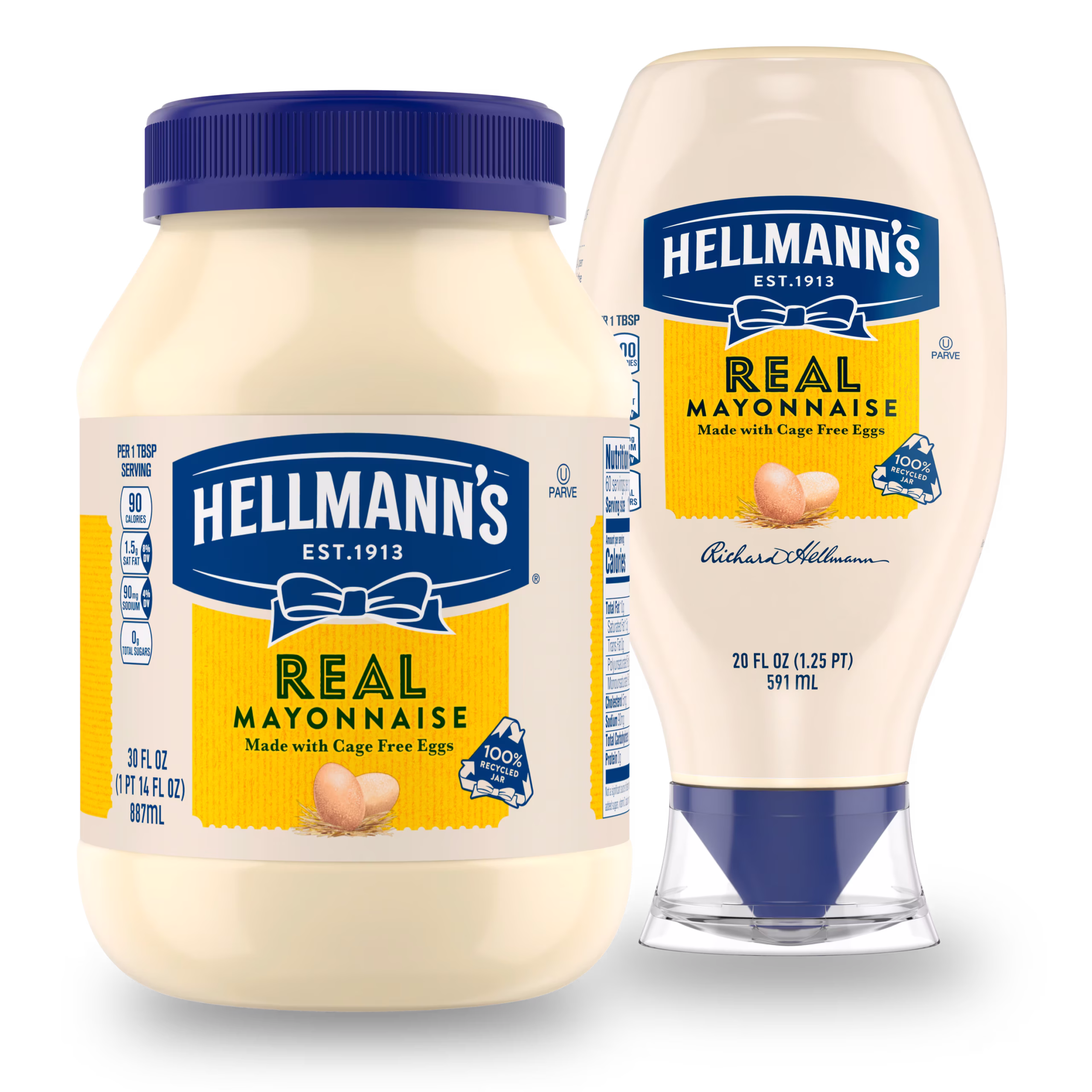 Two containers of Hellmann’s Real Mayonnaise: a large jar and a squeezable bottle. Both feature blue, yellow, and white labels with an egg image and text stating “Made with Cage Free Eggs.”