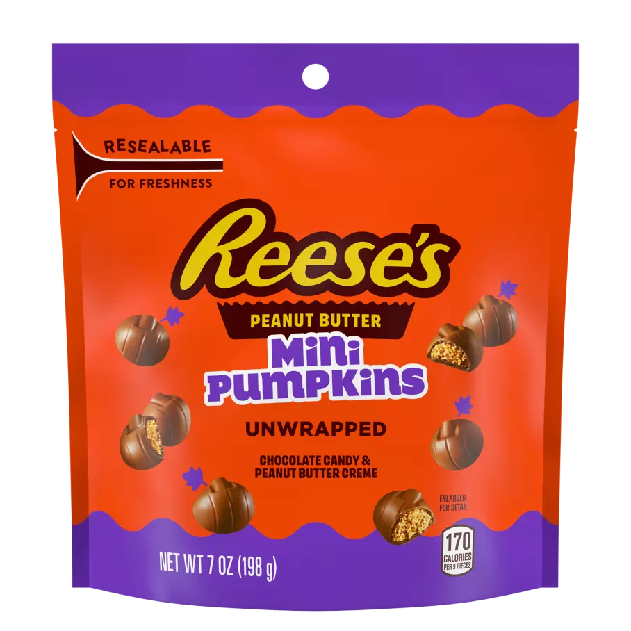 A resealable orange and purple bag of Reese’s Peanut Butter Mini Pumpkins, featuring images of unwrapped chocolate pumpkins and text highlighting chocolate candy and peanut butter crème.