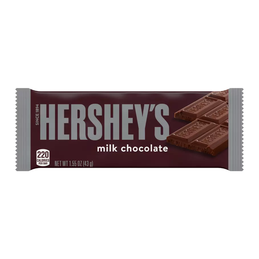 A Hershey’s milk chocolate bar in its wrapper, displaying the brand name in large silver letters and an image of chocolate squares. The wrapper also shows nutrition facts and the net weight of 1.55 oz (43 g).