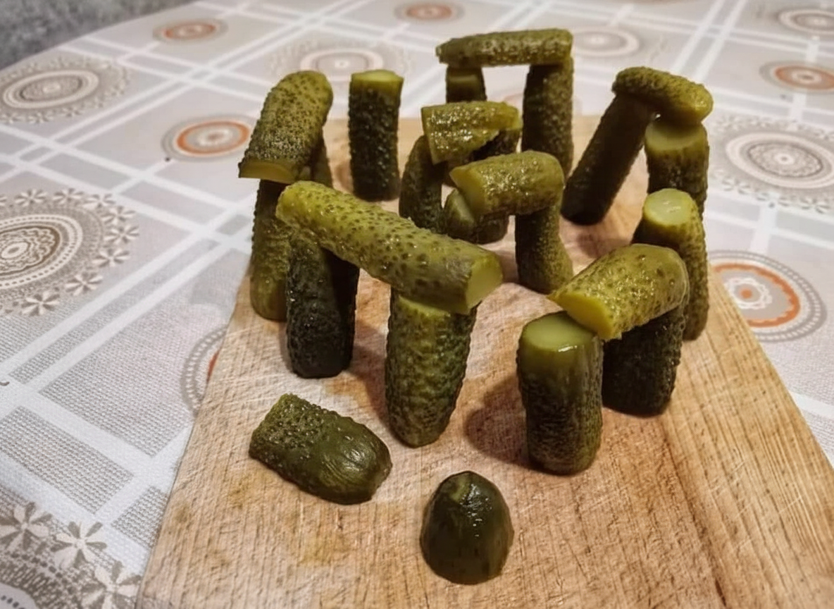 Pickles arranged on a wooden board to resemble Stonehenge, with some standing upright and others laid across the top, on a patterned tablecloth background.