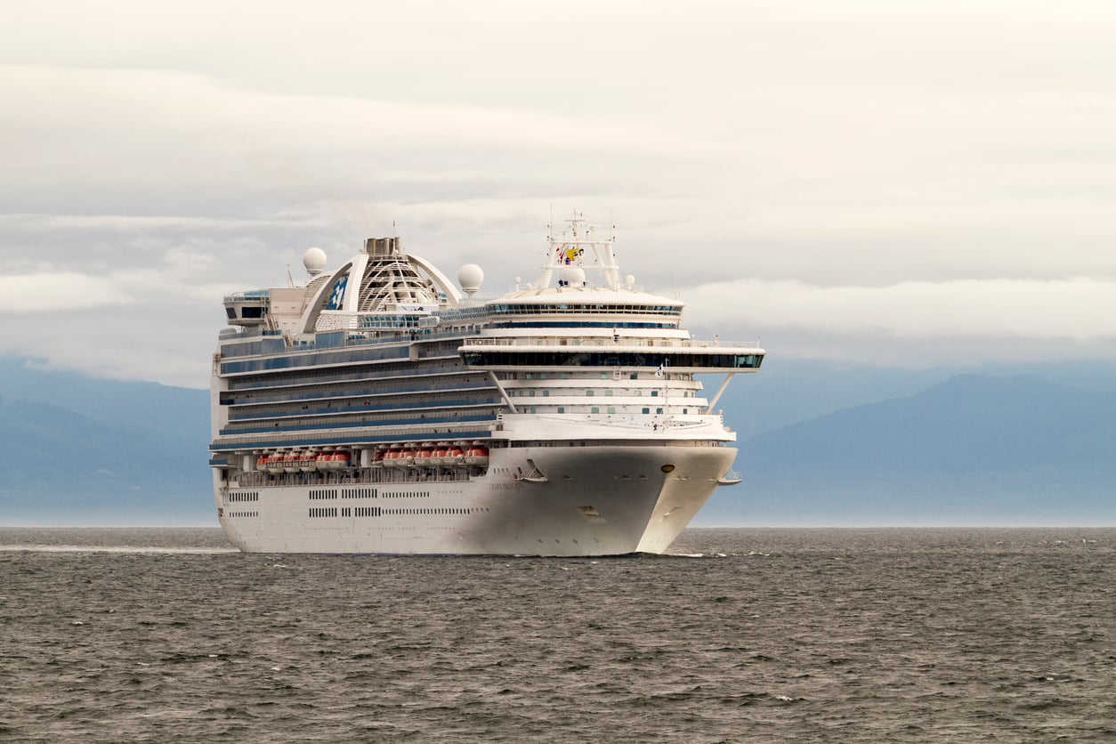 A large white cruise ship from renowned cruise lines sails on the ocean under a cloudy sky, with distant mountains visible in the background.