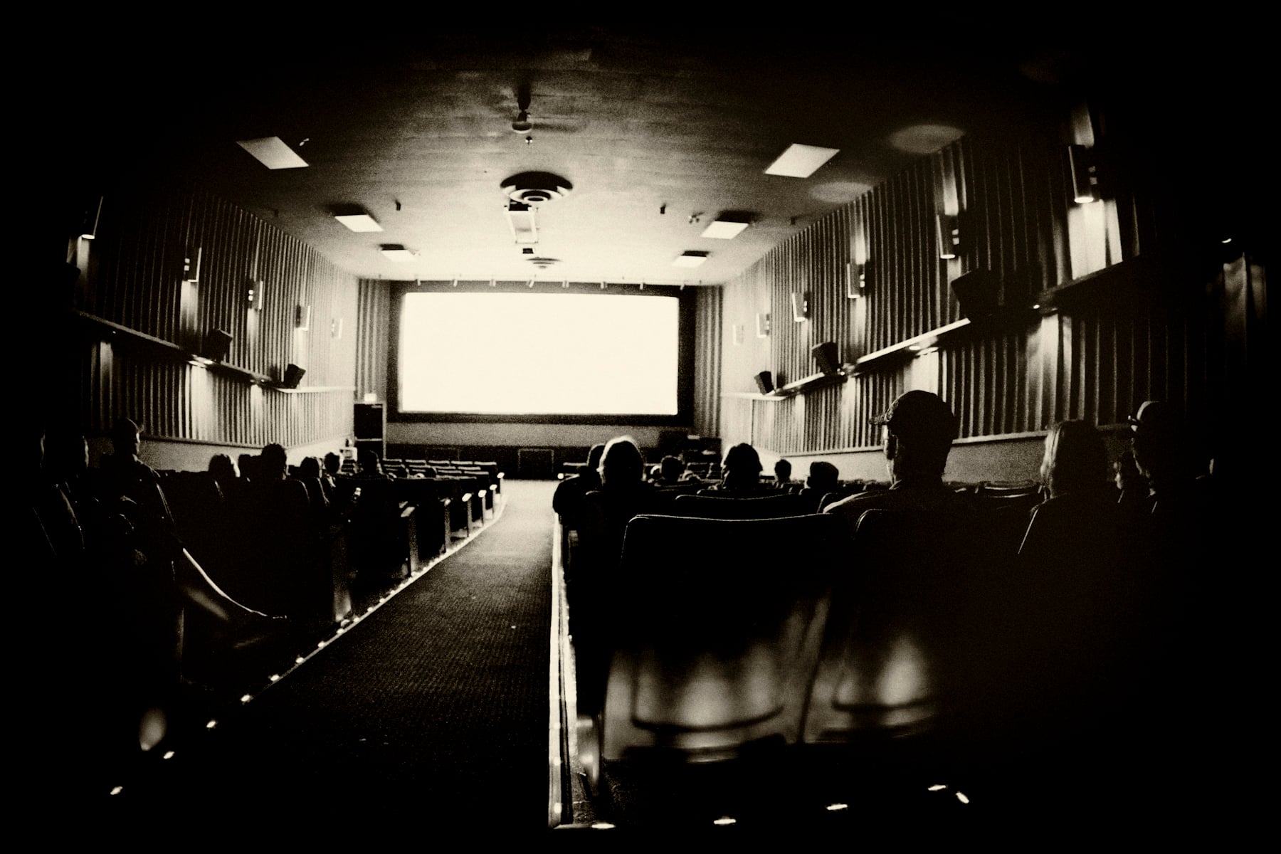 Black-and-white photo of people seated in a dark movie theater, facing a brightly lit screen. The theater has rows of seats and a center aisle, with silhouettes of audience members visible.