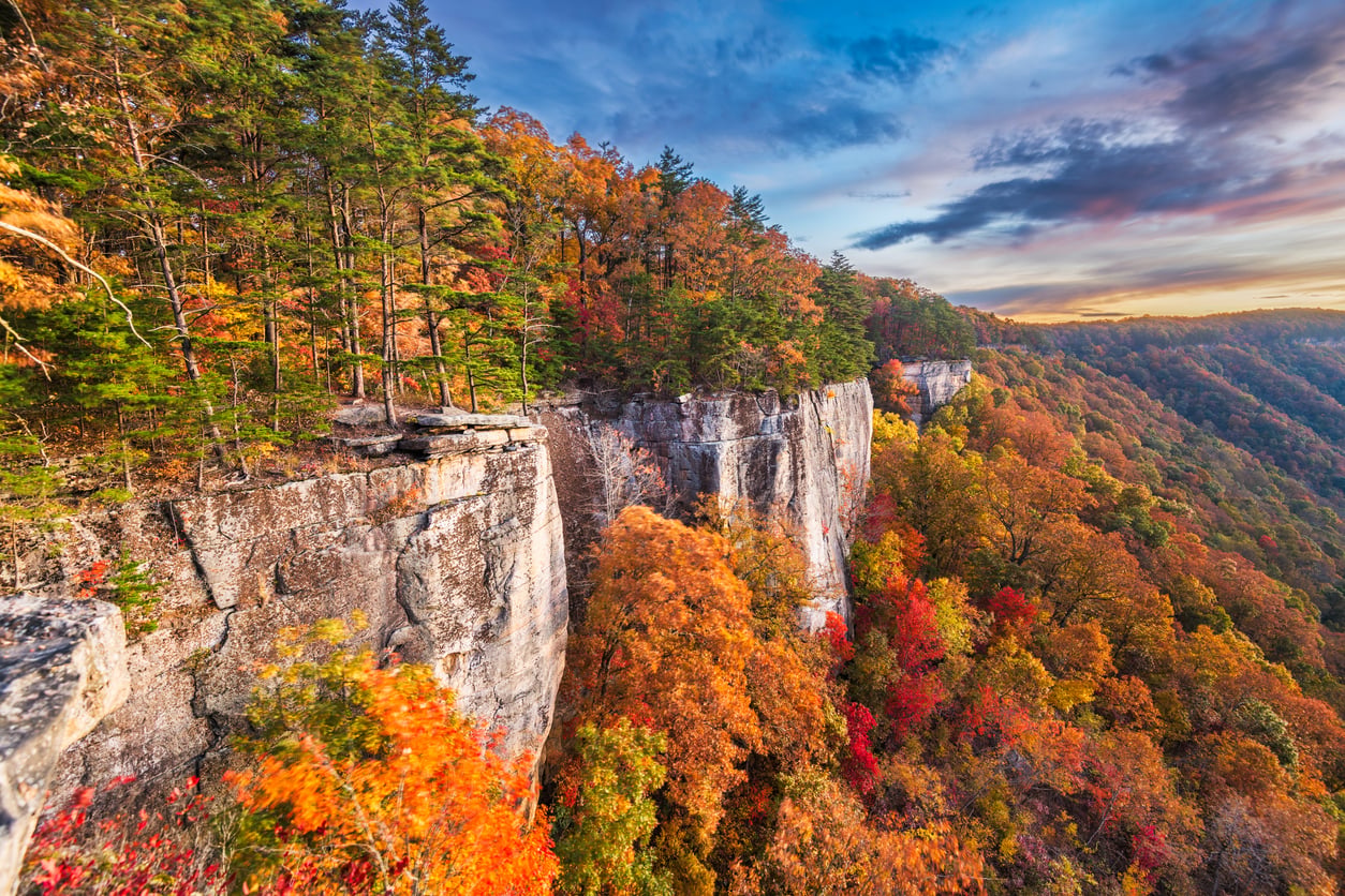 Cliff edge with autumn trees in vibrant red, orange, and yellow foliage overlooking a vast forest, beneath a colorful sunset sky—capturing the breathtaking beauty often found in the best fall towns in America.