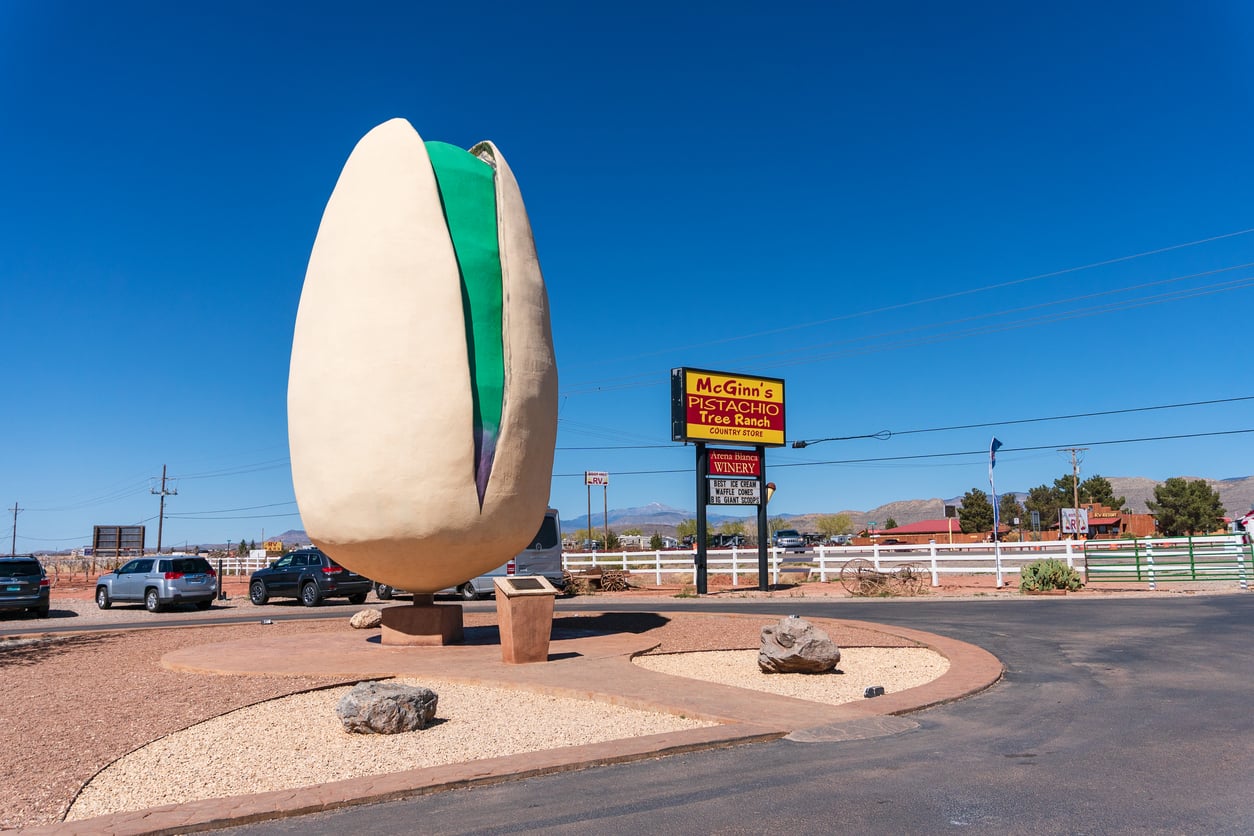 A giant pistachio statue stands near a parking lot at McGinn’s Pistachio Tree Ranch, with cars, signs, and a clear blue sky in the background.