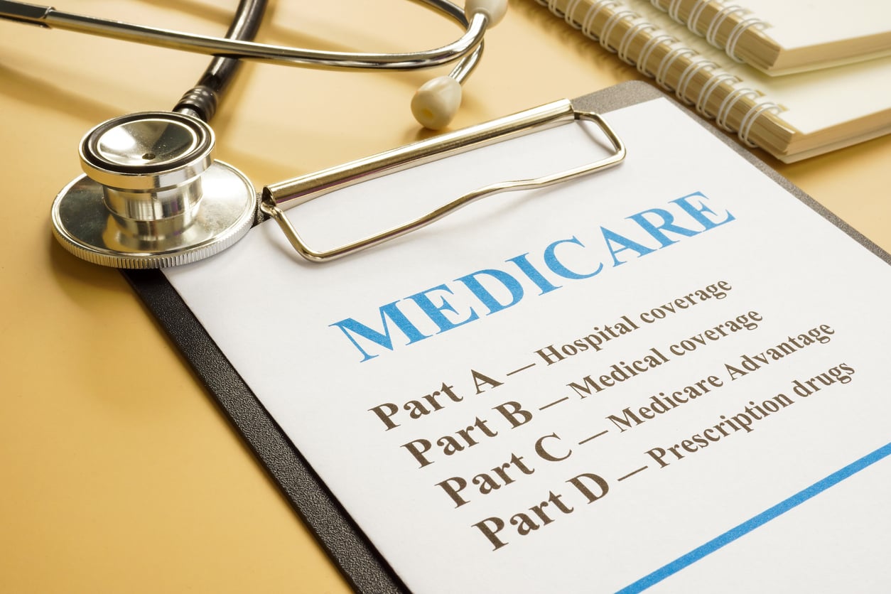 A clipboard shows a Medicare document listing Parts A, B, C, and D, with a stethoscope, pen, and notebook nearby on a desk.