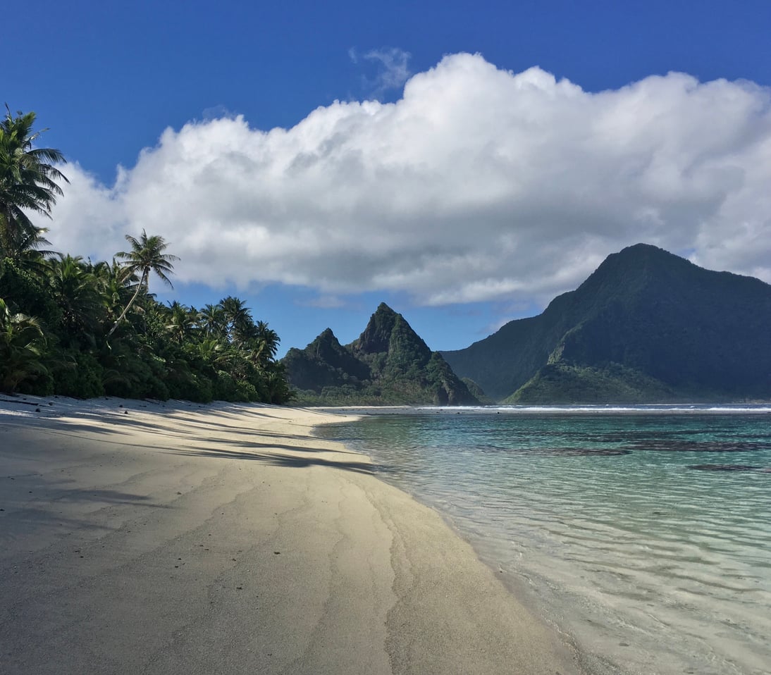 Tropical beach with clear water, white sand, palm trees on the left, and green mountains in the background under a blue sky with fluffy clouds—an idyllic scene reminiscent of some of the most stunning coastal destinations highlighted in Travel Facts About The United States.