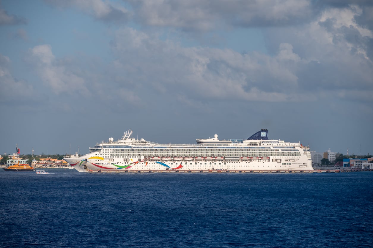 A large white cruise ship from one of the renowned cruise lines is docked at a port with colorful designs on its hull, calm blue water in the foreground, and a partly cloudy sky overhead.
