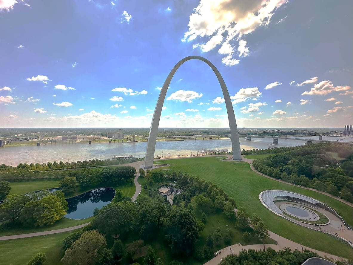 A wide view of the Gateway Arch in St. Louis, rising above green parkland and a river under a partly cloudy blue sky. Paths, ponds, and trees surround the monument, which stands as one of the iconic travel facts about the United States.