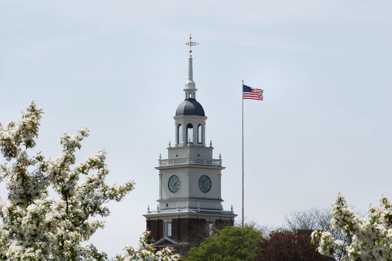 A white clock tower with a blue dome rises above green trees and white flowering branches, with an American flag on a tall pole beside it against a light blue sky—an image that captures the timeless charm of nostalgic travel destinations.