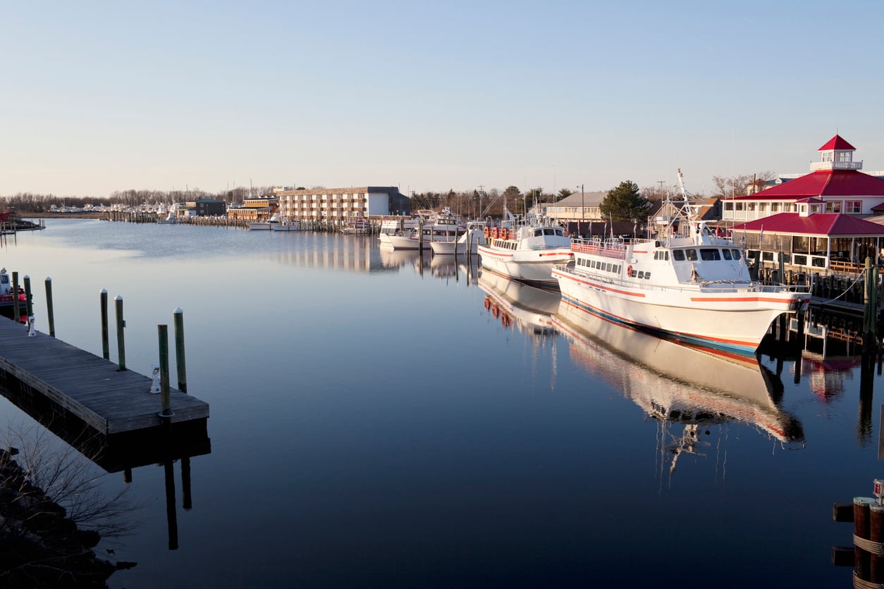 Several white boats are docked at a calm marina with still water reflecting the boats and nearby buildings, including a red-roofed structure under a clear blue sky.