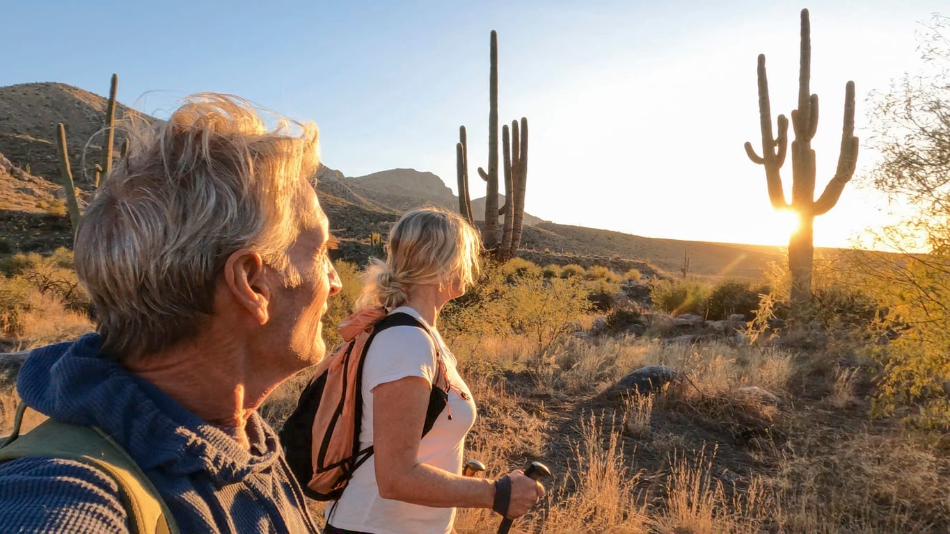 Two people with backpacks and hiking gear walk through a desert landscape at sunset, surrounded by tall cacti and dry grass, with mountains in the distance—a serene adventure far from the travel destinations boomers are skipping.