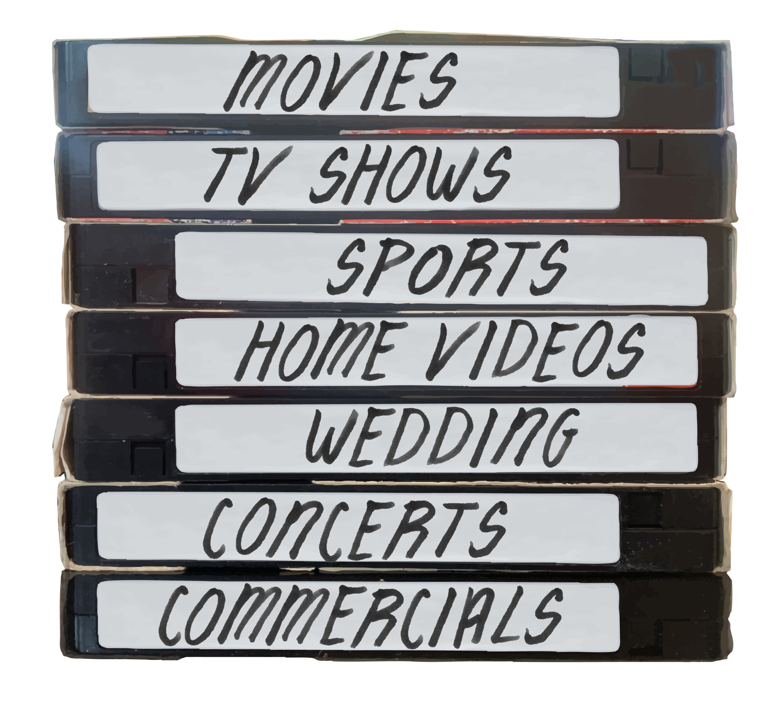 A nostalgic stack of VHS tapes labeled: MOVIES, TV SHOWS, SPORTS, HOME VIDEOS, WEDDING, CONCERTS, and COMMERCIALS, each featuring handwritten text on white labels that evoke memories of cherished recordings made in the 80s.