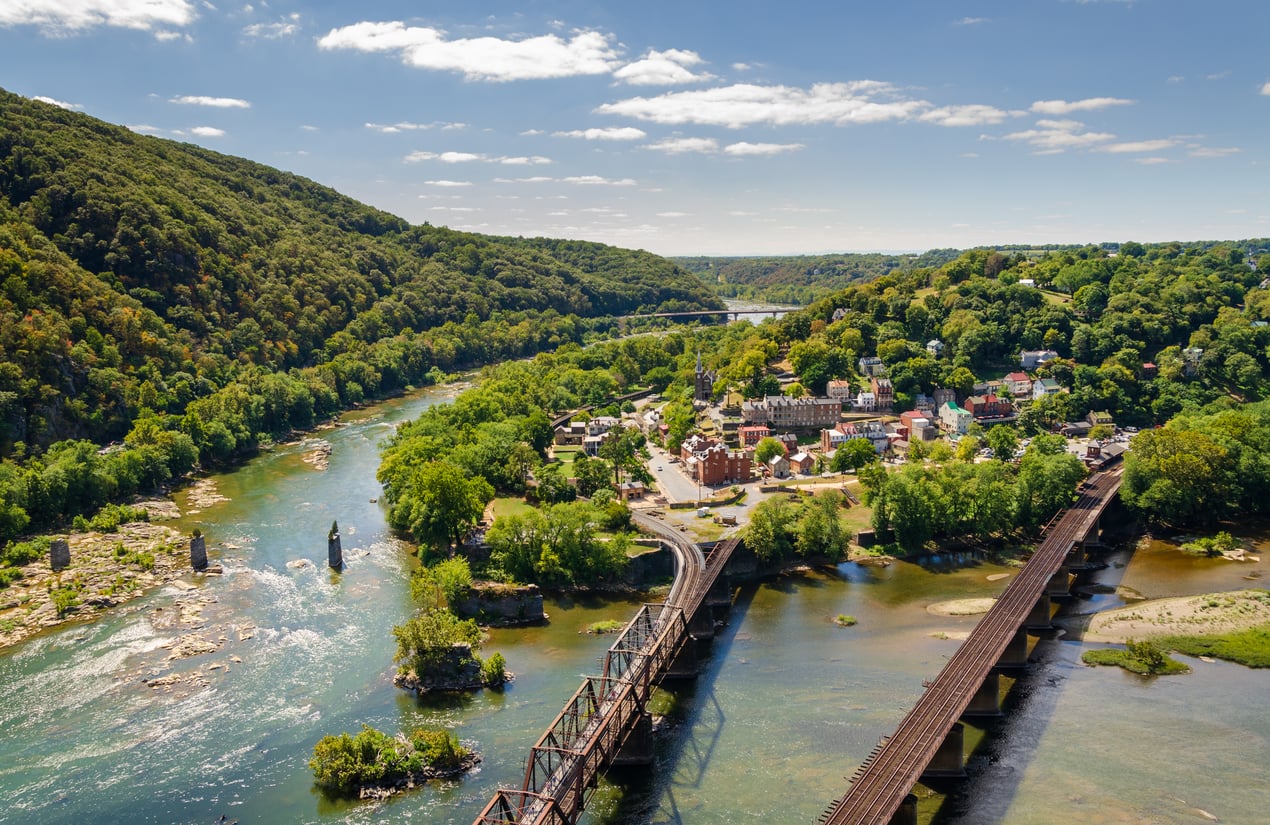 Aerial view of a small town surrounded by green hills, intersected by a river with two railroad bridges crossing over it under a blue sky with scattered clouds—a scene that perfectly captures the charm of nostalgic travel destinations.