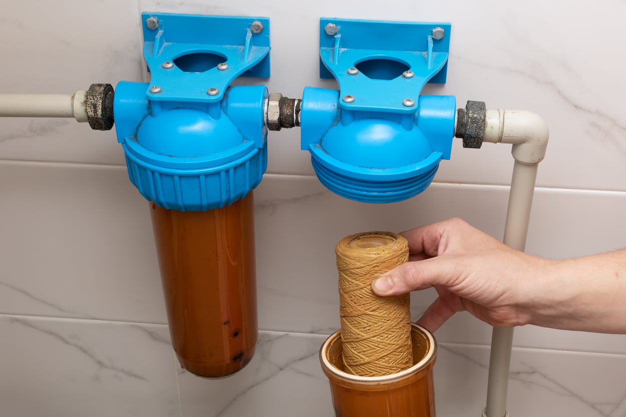 A hand removes a brown filter cartridge from a transparent housing of a dual water filtration system with blue tops, mounted on a white tiled wall.