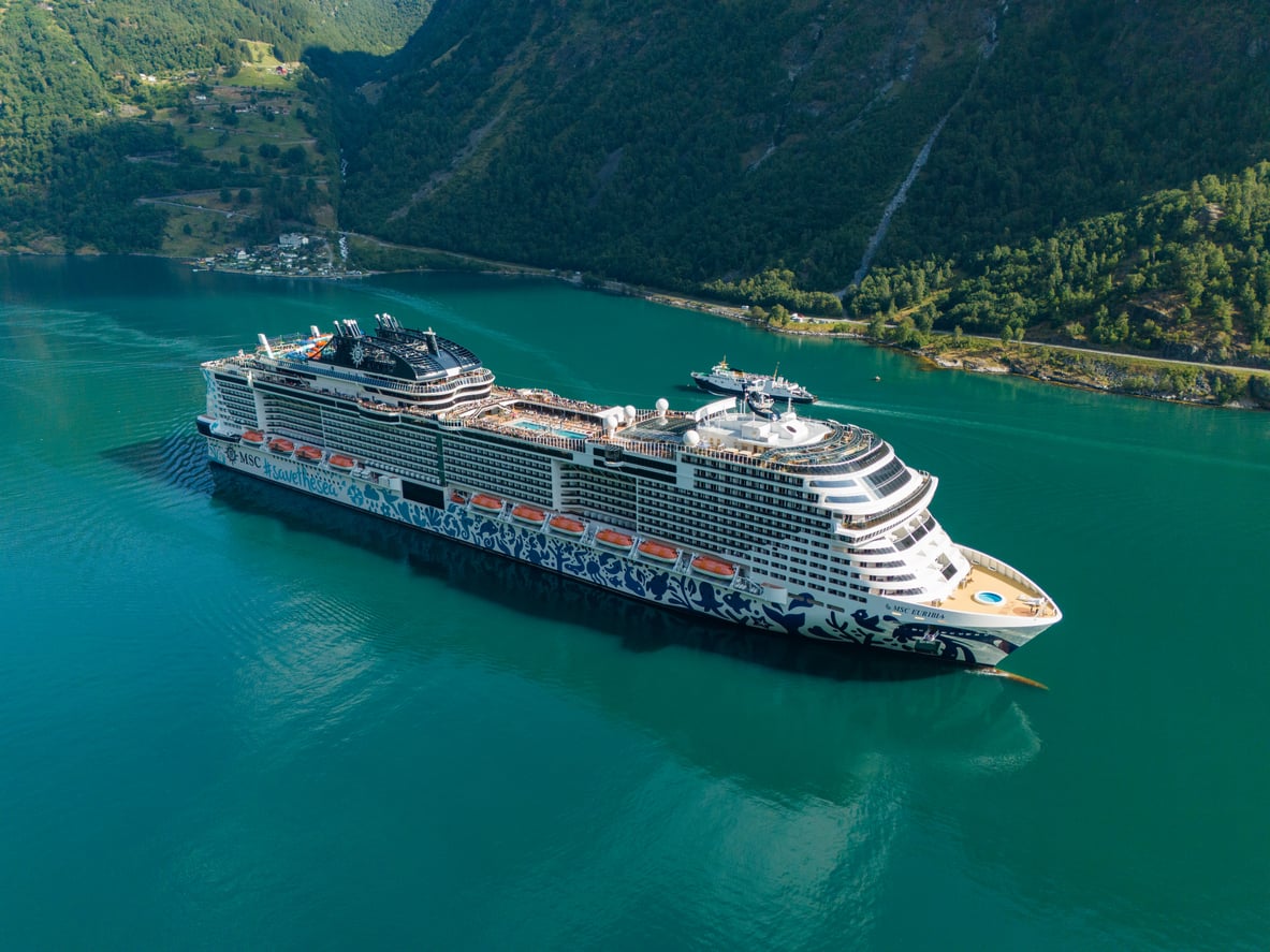 A large cruise ship from renowned cruise lines with a patterned hull sails on calm, turquoise water near a green, mountainous coastline with scattered buildings.