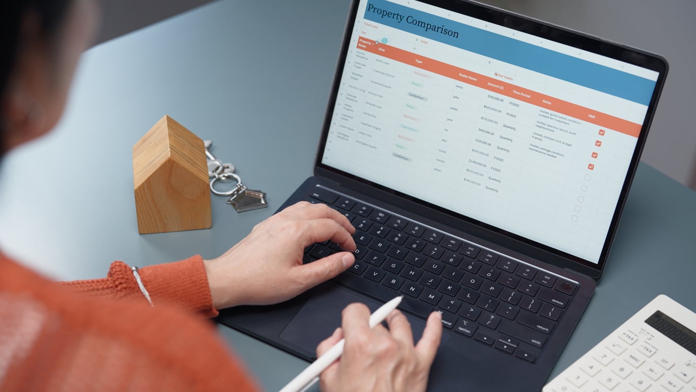 A person uses a laptop displaying a property comparison chart. Nearby are a wooden house model, keys, and a calculator on the desk.