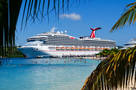 A large white cruise ship docked near a crowded tropical beach, with palm fronds in the foreground, clear blue water, and people swimming and relaxing under a sunny sky.