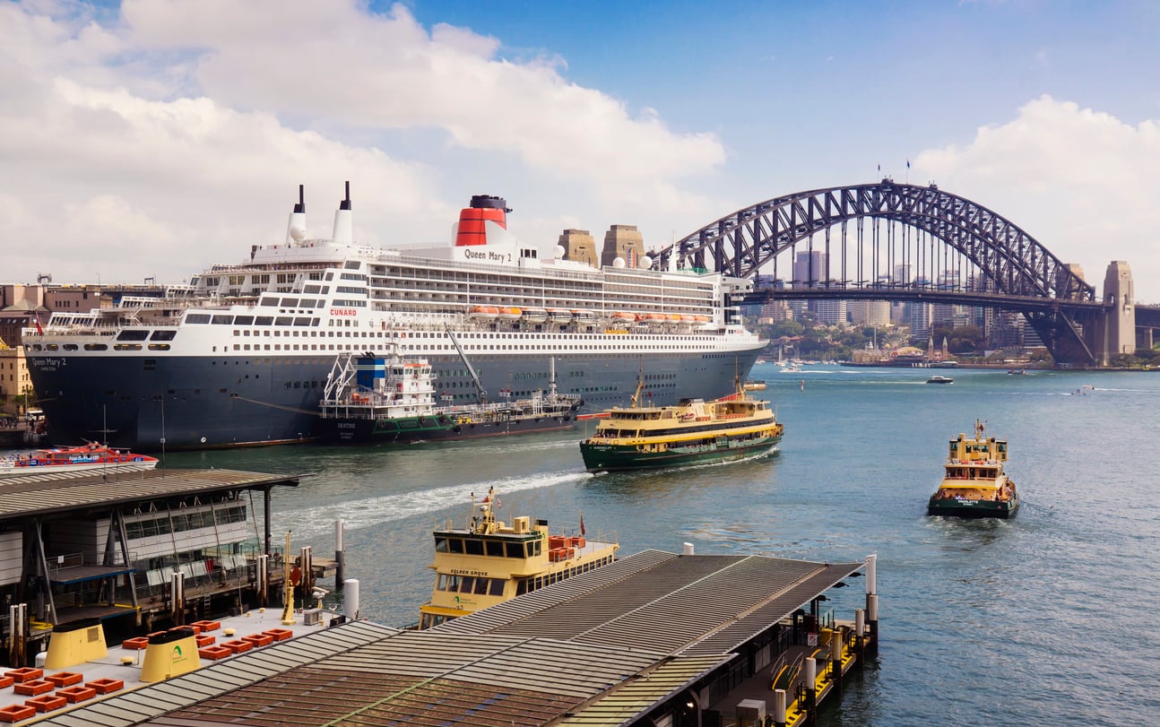 Large cruise ship docked near ferries on Sydney Harbour, with the Sydney Harbour Bridge and city buildings in the background under a partly cloudy sky.