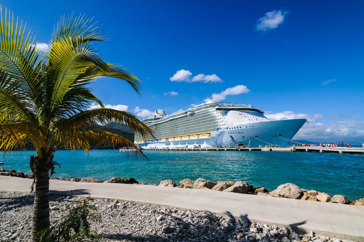 A large cruise ship docked at a pier with turquoise water, a clear blue sky, and a palm tree in the foreground. People are walking near the ship, enjoying the sunny weather.