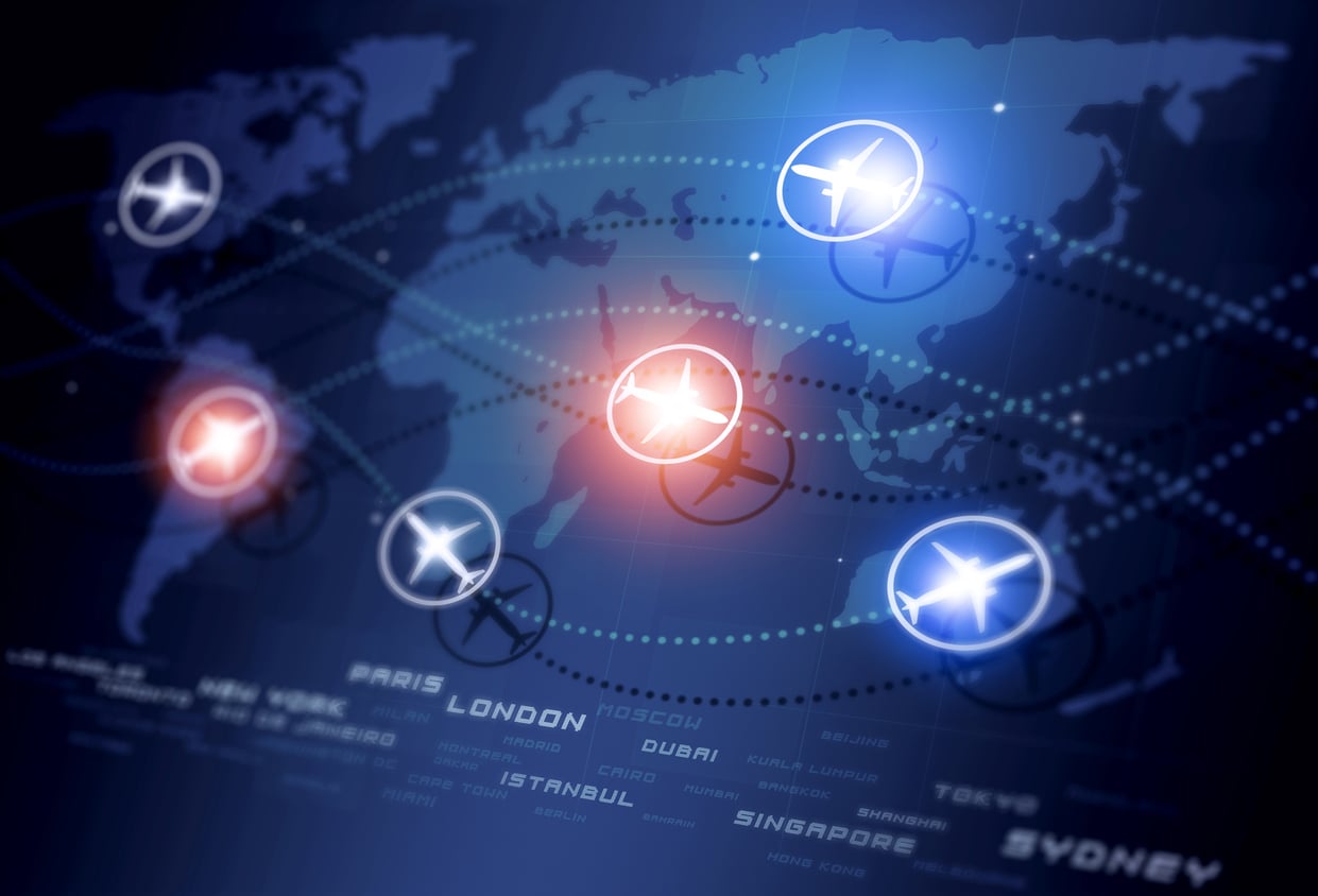 Digital illustration of a world map with glowing airplane icons connected by dotted flight paths, highlighting cities like Paris, London, Sydney, and Istanbul, representing global air travel routes.