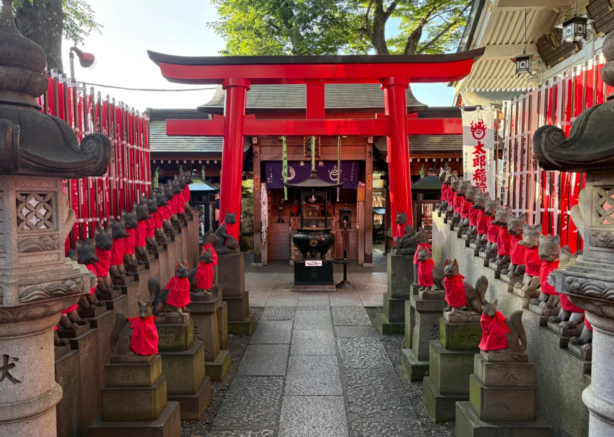 A path lined with stone fox statues in red bibs leads to a red torii gate and shrine in Japan, surrounded by banners and lanterns under tree shade.