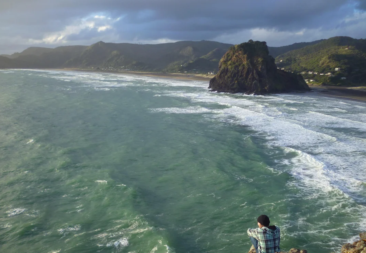 A person in a plaid shirt stands on a rocky cliff overlooking a beach with waves crashing below and a large rock formation in the distance under a cloudy sky.
