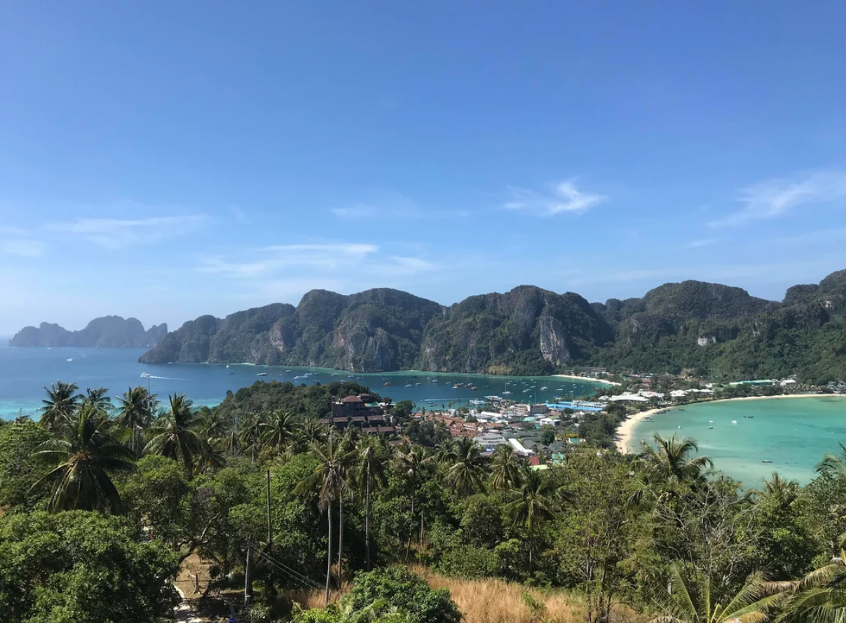 A tropical island with lush hills, turquoise bays, palm trees, and a small town along the shore under a clear blue sky invites travelers’ journeys to discover its serene beauty and vibrant charm.