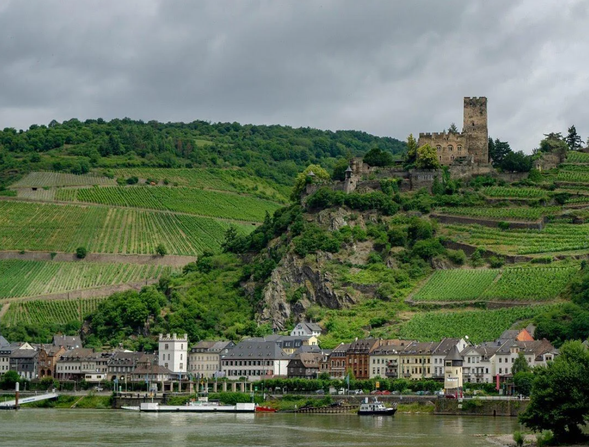 Vineyard-covered hills with a stone castle ruin on top, overlooking a small riverside town with colorful buildings and a cloudy sky in the background—an idyllic scene often found along Travelers’ Journeys through timeless European landscapes.