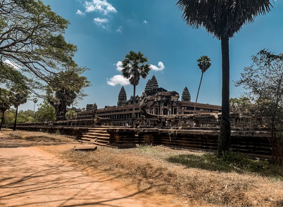 Ancient stone temple with tall towers and palm trees under a bright blue sky, viewed from a dirt path lined with grass and scattered trees—a setting reminiscent of those travel experiences that went viral, capturing the imagination of adventurers worldwide.