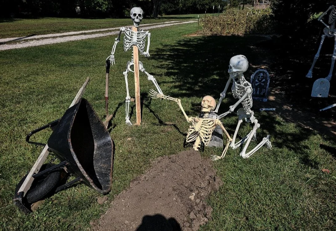 Three skeleton decorations stage a grave-digging scene; one holds a shovel, another seems to rise from the dirt, and a wheelbarrow sits nearby on a grassy lawn with tombstones in the background, creating perfectly spooky Halloween yard decorations.