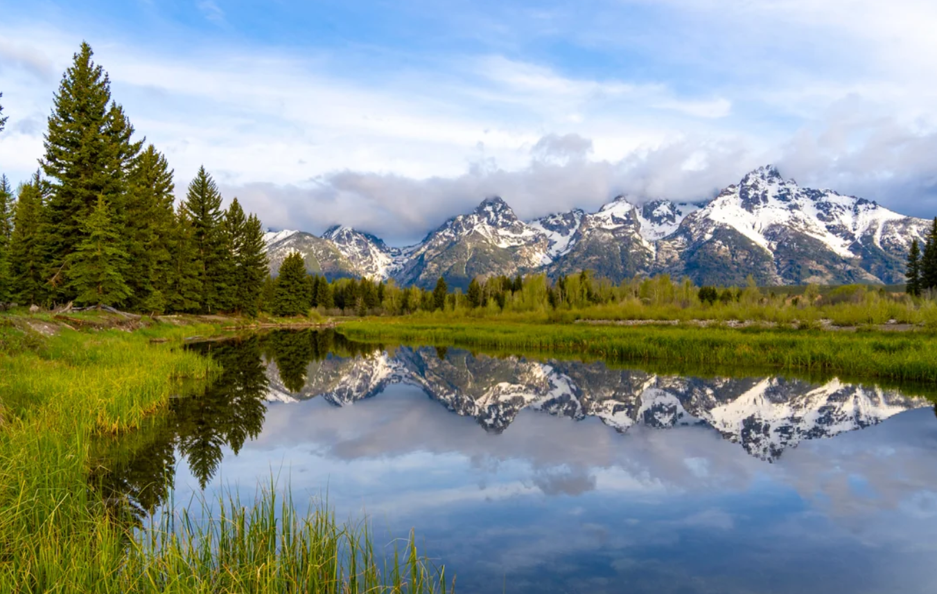 Snow-capped mountains reflected in a calm lake, surrounded by green trees and grasses under a partly cloudy sky—a serene scene reminiscent of trips to national parks in America.