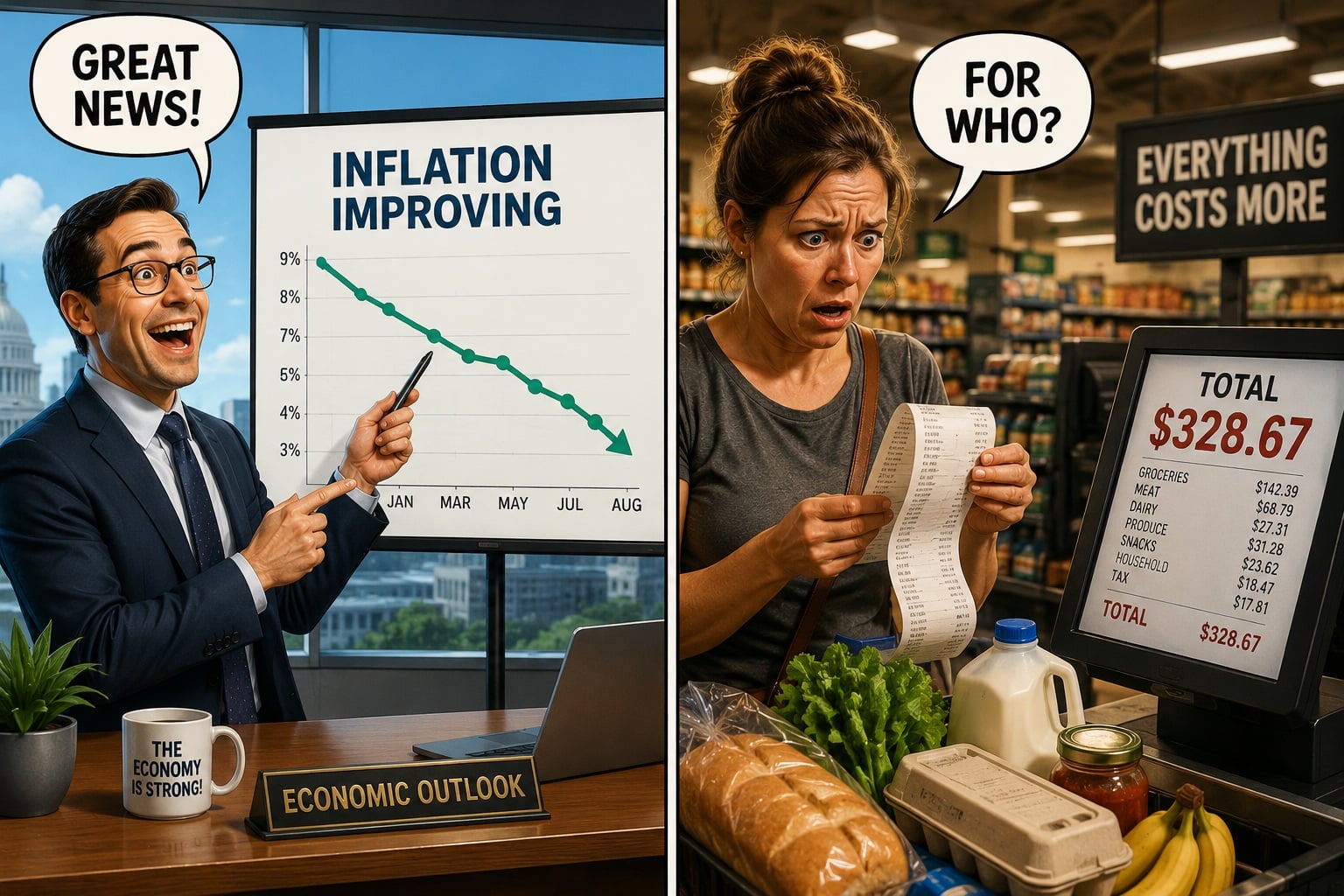 Inflation improving on an economic chart while a consumer faces a high grocery bill