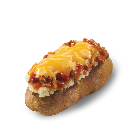 A baked potato topped with mashed potatoes, chili, and melted shredded cheese, set against a plain white background.