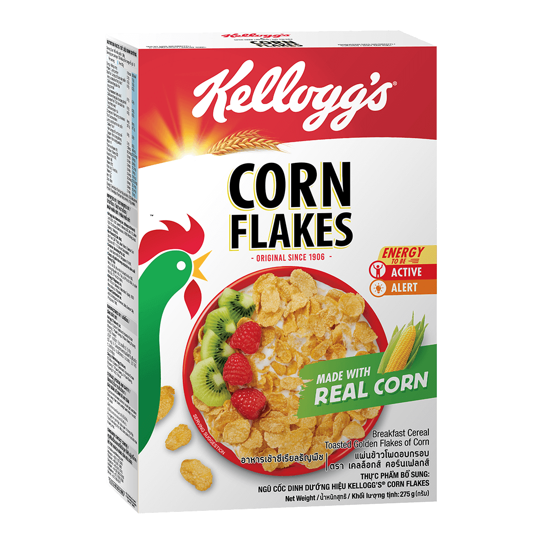 Kellogg’s Corn Flakes cereal box with a bowl of corn flakes, strawberries, and kiwi on the front, along with a rooster illustration and text stating “Made with Real Corn” and “Energy Active Alert.”